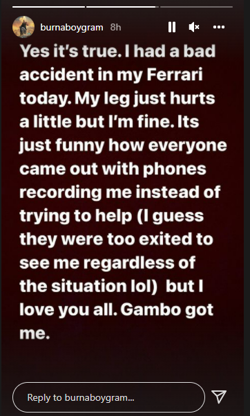 Burna Boy involved in car accident