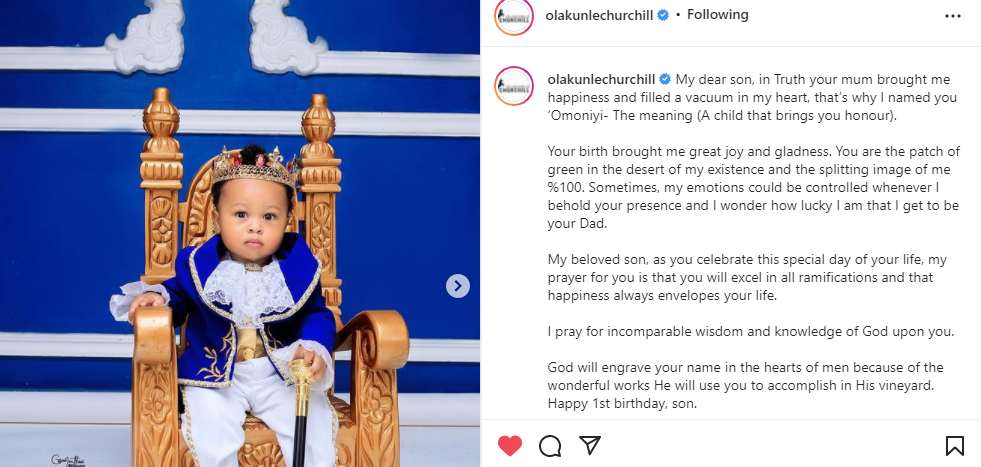 churchill olakunle celebrates son on his first birthday 