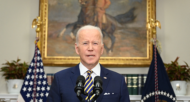 US President Joe Biden announces a ban on US imports of Russian oil and gas, March 8, 2022, from the Roosevelt Room of the White House in Washington, DC. Jim WATSON / AFP